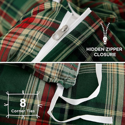 TOCOMOA Christmas Plaid Duvet Cover Set 100% Washed Cotton Like Linen Feel Super Soft Comfy 3 Piece Green Red Gingham Checkered Bedding Comforter Cover Set (Queen 90"x90", Comforter Not Included)