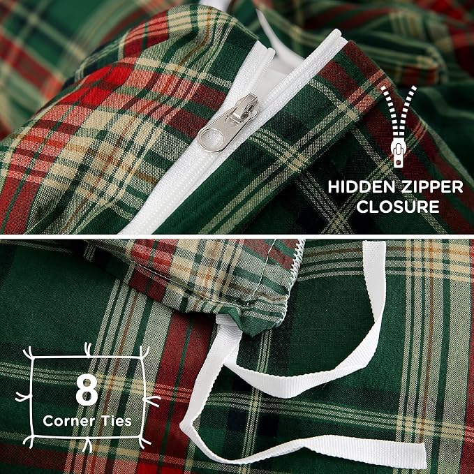TOCOMOA Christmas Plaid Duvet Cover Set 100% Washed Cotton Like Linen Feel Super Soft Comfy 3 Piece Green Red Gingham Checkered Bedding Comforter Cover Set (Full 80"x90", Comforter Not Included)