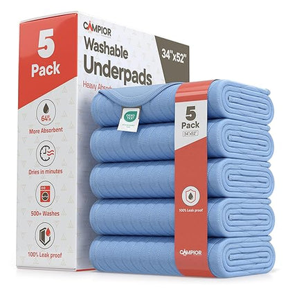 Washable Underpads Extra Large 34"x52" (Pack of 5) – Reusable Waterproof Bed Pads for Adults & Seniors, Extra Heavy Absorbency Incontinence & Bedwetting Pads, Soft Non-Slip TPU Backing, Blue.