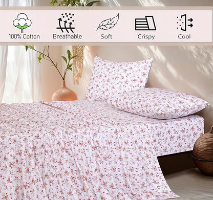 RUVANTI 100% Cotton Sheets King Size 4-Piece Set Percale Bedding, Cooling & Breathable Floral Design Bouquet, Durable with a Crisp, Soft & Comfortable Feel, 16" Deep Pocket