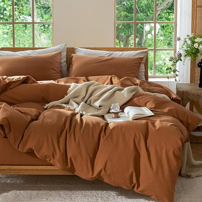 MooMee Bedding Duvet Cover Set 100% Washed Cotton Linen Like Textured Breathable Durable Soft Comfy (Solid Dark Orange, Twin 68"x90")