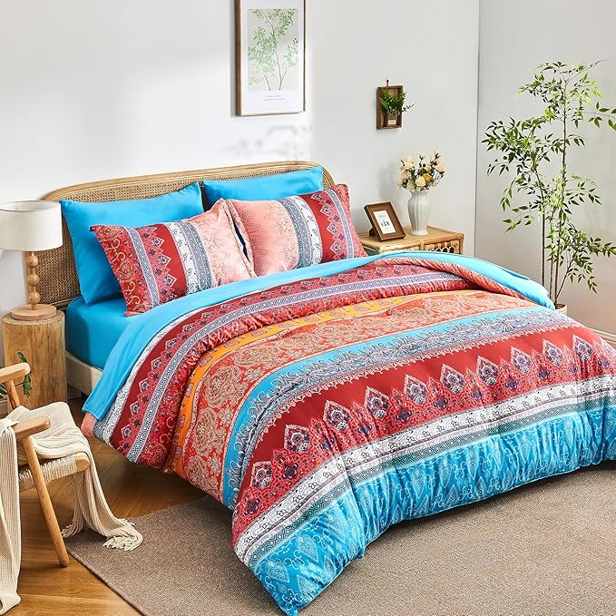 Coral Pink King Size Comforter Set Boho - 7 Pieces Floral Striped Comforter and Sheet Set, Soft Bed in a Bag Complete Bedding Sets for All Season(Coral Pink, King)