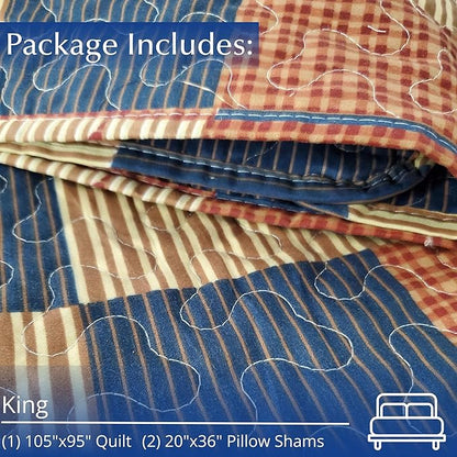 Virah Bella 3 Piece King Cabin Quilt Bedding Set - Mountain Cabin Blue - Rustic Country Reversible Patchwork Comforter Set with Decorative Pillow Shams, Blue/Tan