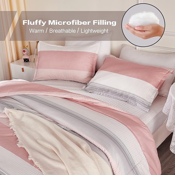 Litanika Pink King Size Comforter Set, 3 Pieces Blush White Colorblock Lightweight Bedding Comforter Set