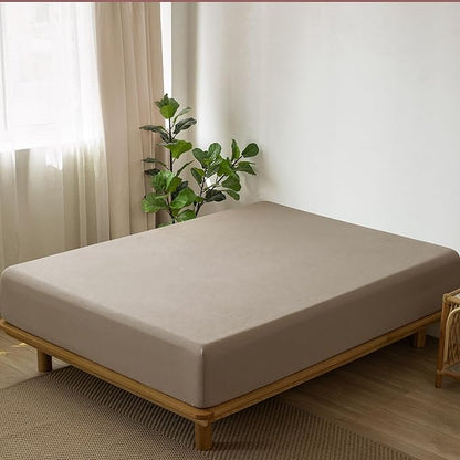 MooMee Fitted Bottom Sheet Only 100% Washed Cotton Linen Like Textured Breathable Durable Soft Comfy Deep Pocket Fits Mattress up to 17" (Mocha Brown, Queen)