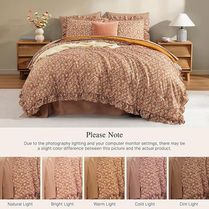 King Comforter Set - 7 Pieces Ruffle Brown Bedding Sets, Shabby Chic Farmhouse Bed in a Bag with Ruffle Comforter, Sheets, Pillowcases & Shams