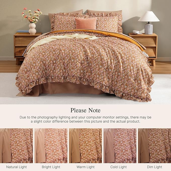 Full Comforter Set - 7 Pieces Ruffle Brown Floral Bedding Sets, Shabby Chic Farmhouse Bed in a Bag with Ruffle Comforter, Sheets, Pillowcases & Shams