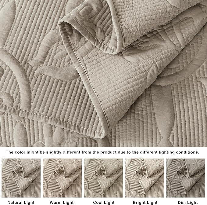 Beige Damask Quilt California Cal King Size Bedding Sets with 2 Pillow Shams, Oversized Boho Bedspread Lightweight Soft Farmhouse Vintage Coverlet Jacquard Pattern Bed Cover for All Season, 3 Pieces