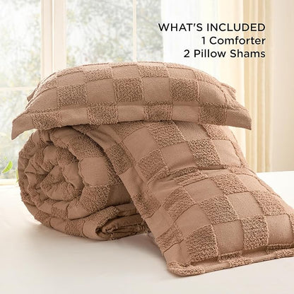 Bedsure California King Size Comforter Set Taupe, Boho Tufted Bed Set, Checkered Farmhouse Shabby Chic Bedding, 3 Pieces, 1 Plaid Geometric Comforter and 2 Pillow Shams