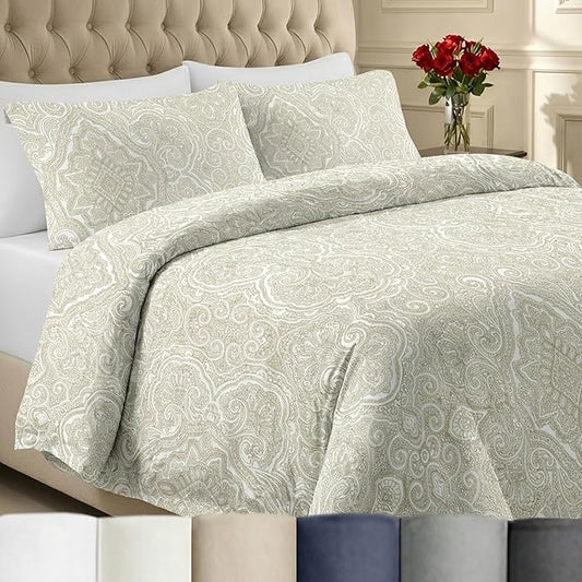 California Design Den 3 Piece King Size Duvet Cover Set, 400 Thread Count 100% Cotton Sateen, Soft Sateen Comforter Cover and Two Pillow Shams, Button Closure and Corner Ties (Paisley Beige)