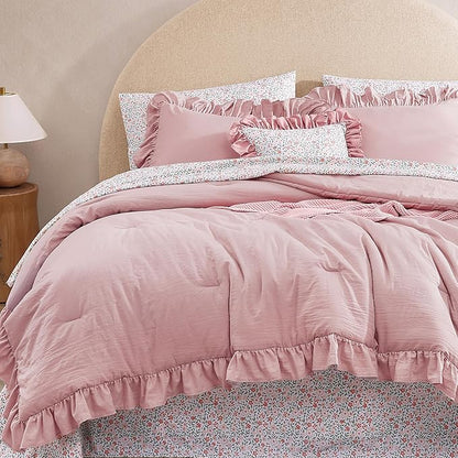 Queen Comforter Set - 7 Pieces Ruffle Soft Pink Bedding Sets, Shabby Chic Farmhouse Bed in a Bag Queen with Ruffle Comforter, Floral Sheets, Pillowcases & Shams