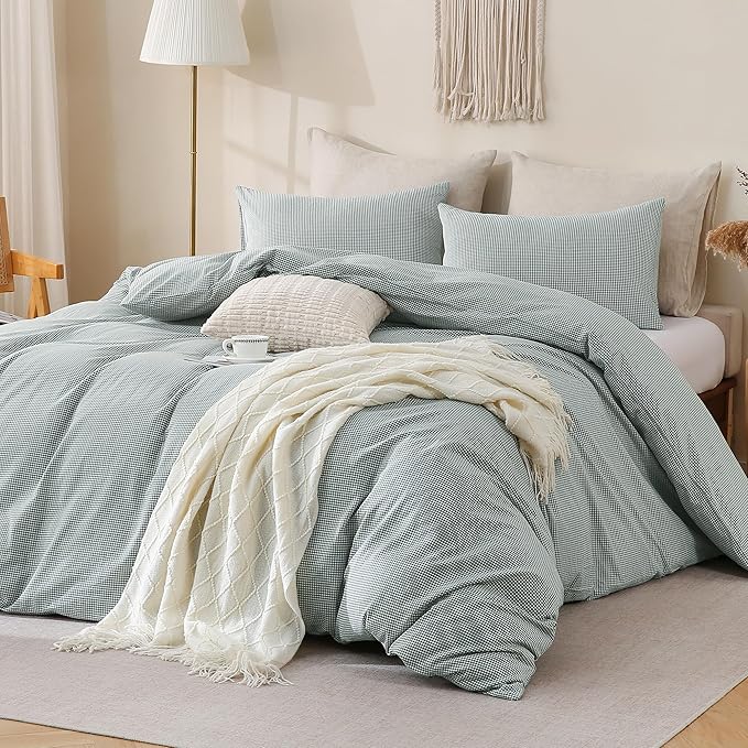 TOCOMOA Mini Gingham Green Duvet Cover Bedding Set 100% Washed Cotton Like Linen Feel Super Soft Comfortable 3 Piece Small Plaid Checkered Comforter Cover Set (Queen 90"x90", Comforter Not Included)