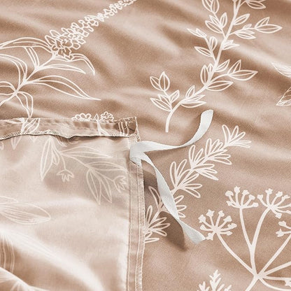 MUXHOMO Duvet Cover Queen Size, Reversible Floral Rosy Gold Duvet Cover Set with Zipper Closure, 3 Pieces Botanical Patterns Soft Microfiber Bedding Set with 4 Ties (90"x90", 2 Pillow Cases)