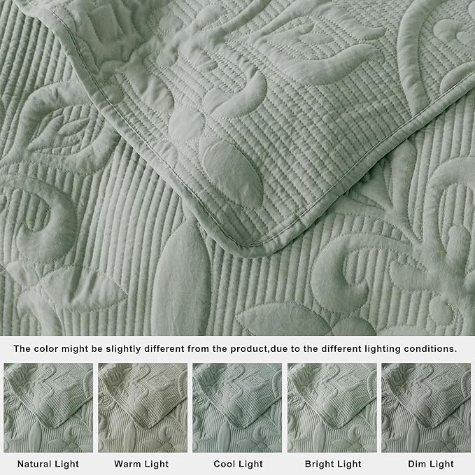 B2EVER Sage Green Damask Quilt Twin Size Bedding Sets with 1 Pillow Sham, Boho Bedspread Lightweight Soft Farmhouse Vintage Bohemian Coverlet Retro Jacquard Pattern Bed Cover for All Season, 2 Pieces