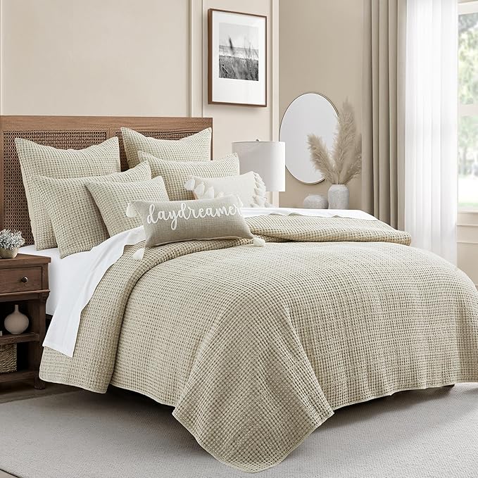 Levtex Home Mills Waffle King/Cal King Quilt Set (106x92in) with 2 Pillow Shams (36x20in) - Wheat - Cotton Waffle King Size Quilt Bedding Set - Lightweight, Soft, Pre-Washed | Textured