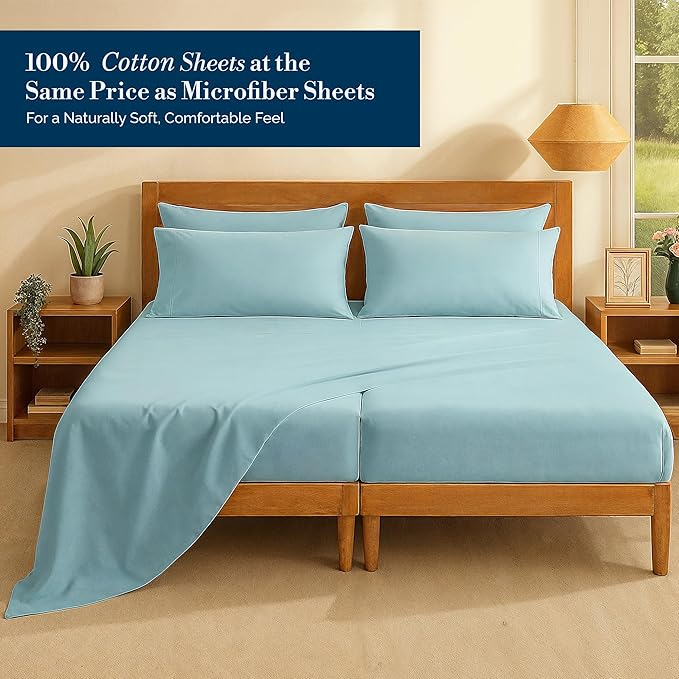 Casa Platino Split King Sheets Sets – 100% Cotton Split King Sheets Cooling with 4 Pillowcases, 15" Deep Pocket Fitted Sheet, Crisp & Smooth Feel, Ultra Soft & Cozy, Fit – Blue Sky