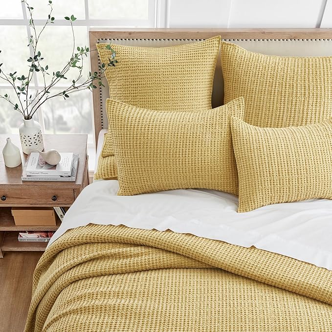 Levtex Home Mills Waffle King Bedspread Set (122x106in) with 2 Pillow Shams (36x20in) - Ochre - Cotton Waffle King Size Bedspread Set - Soft, Pre-Washed