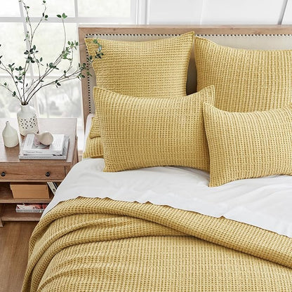 Levtex Home Mills Waffle King Bedspread Set (122x106in) with 2 Pillow Shams (36x20in) - Ochre - Cotton Waffle King Size Bedspread Set - Soft, Pre-Washed