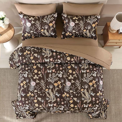 Yiran Brown Comforter Set King Size, 7 Piece Floral Comforter Bedding Set, Farmhouse Bed in a Bag, Soft Microfiber Complete Bedding Set with Sheets for All Season