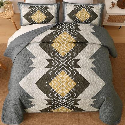 Dintszyayue Boho Quilt Set King Size, Grey Aztec Texture Bedspread Set, 3 Pieces Texture Southwestern Gray Bedding Set, Soft Lightweight Coverlet Set for All Season Bedding with 2 Pillowcases