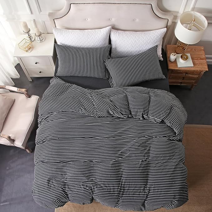 PURE ERA Jersey Knit Duvet Cover Set 100% T-Shirt Heather Cotton Super Soft Comfy Classic Striped Design, with Zipper Closure, Black & White Pinstripe, King