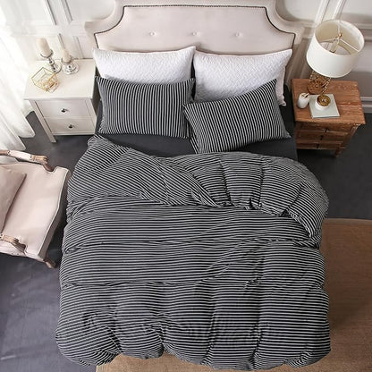 PURE ERA Jersey Knit Duvet Cover Set 100% T-Shirt Heather Cotton Super Soft Comfy Classic Striped Design, with Zipper Closure, Black & White Pinstripe, King