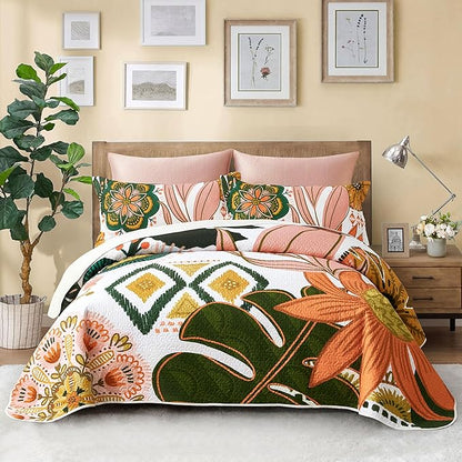 3 Piece Boho Floral King Size Quilt Sets Farmhouse Botanical Reversible Lightweight Bedspread Coverlet with 2 Shams Mid Century Leaves Microfiber Bedding Quilts Set for All Season, 106''x96''