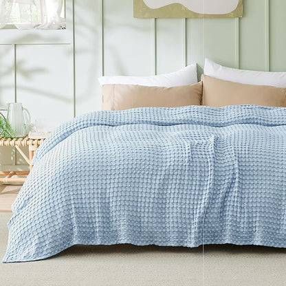 Bedsure Cooling Cotton Waffle Queen Size Blanket - Lightweight Breathable Blanket of Rayon Derived from Bamboo for Hot Sleepers, Luxury Throws for Bed, Couch and Sofa, Light Blue, 90x90 Inches