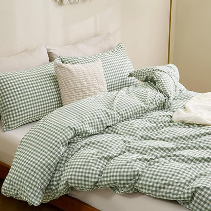 TOCOMOA Green Gingham Duvet Cover Bedding Set 100% Washed Cotton Like Linen Feel Super Soft Comfortable 3 Piece Plaid Checkered Comforter Cover Set (California King 104"x98", Comforter Not Included)