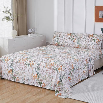 Softan Green Floral Full Sheet Set, Cozy Microfiber Butterfly Printed Fitted Bed Sheet with 15" Deep Pockets & Non-Slip Straps, Cute Girls Patterned Double Sheets & Pillowcase Set