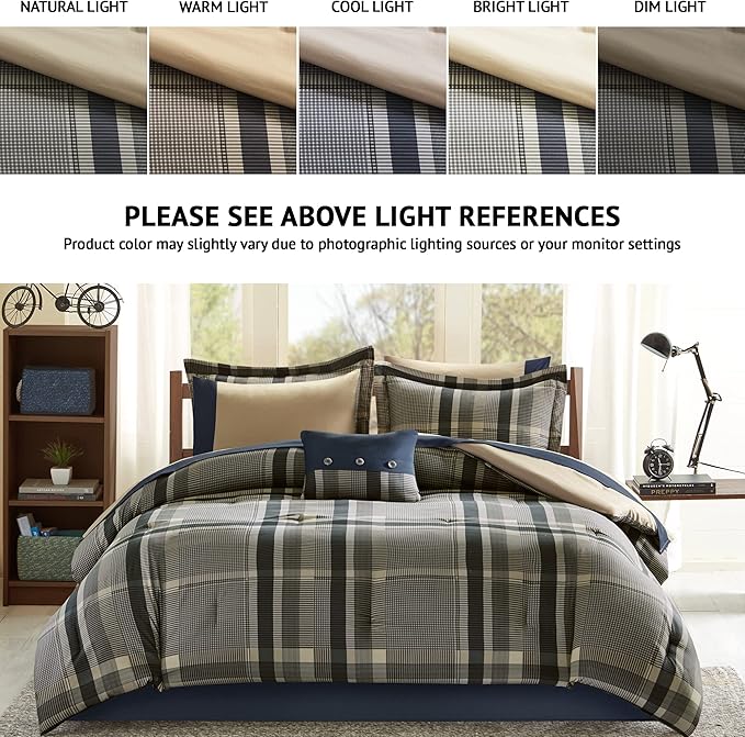 Intelligent Design Robbie 7-Piece Twin Comforter Set – Lightweight All-Season Plaid Bedding, Navy/Tan, Cozy Bed-in-a-Bag with Matching Shams & Decorative Pillow, Modern Casual Style