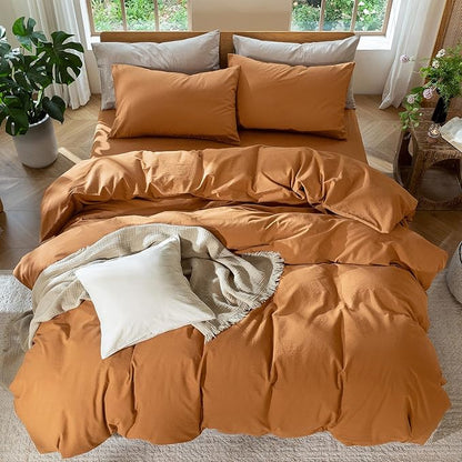 MooMee Bedding Duvet Cover Set 100% Washed Cotton Linen Like Textured Breathable Durable Soft Comfy (Solid Burnt Orange, Oversized Queen 98"x98")