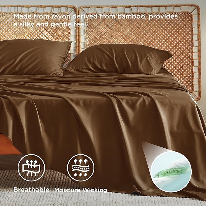 Bedsure California King Sheet Sets, Cooling Sheets for Hot Sleepers, Rayon Derived from Bamboo, PureWoven, Breathable & Soft, Deep Pocket Up to 16 Inches, Hotel Luxury Silky Bedding, Brown