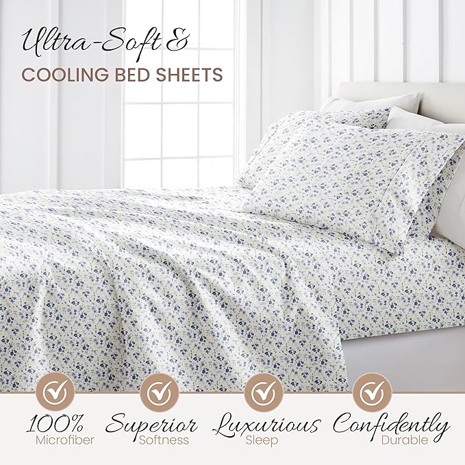 Linen Market 4 Piece Queen Sheet Set - Breathable, Double-Brushed Patterned Cooling Sheets – Ultra Soft & Wrinkle-Free 16" Deep-Pocket Queen Sheets - Easy Care Blossoms Light Blue