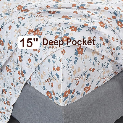 Softan Floral Full Sheet Set, Orange Flower Printed Bed Sheets - 4 Piece Soft Microfiber Patterned Fitted Sheets with 15" Deep Pocket & Non-Slip Straps, Cute Flower Sheets & Pillowcase Set
