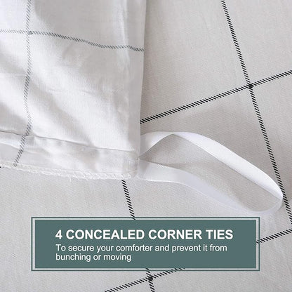 JELLYMONI 100% Natural Cotton 3pcs Plaid Duvet Cover Sets,White with Black Grid Geometric Pattern Printed Comforter Cover,with Zipper Closure & Corner Ties(King Size)