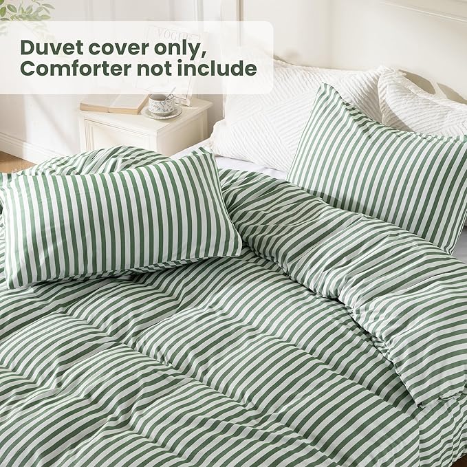 ROSE&RISY Twin Duvet Cover Set, 2 Pieces Soft Bedding Set, Breathable and Cooling Duve Cover Set with 1 Duvet Cover, 1 Pillow Case (Green Stripe, Twin Size)