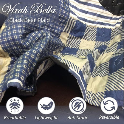 Virah Bella 3 Piece Queen Lodge Quilt Bedding Set - Black Bear Plaid - Rustic Cabin Country Reversible Camping Comforter Set with Decorative Pillow Shams, Blue/Black