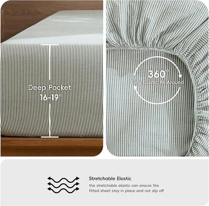 MooMee Striped Sheet Set 100% Washed Cotton Linen Like Textured Breathable Durable Soft Comfy (Heathered Green Pinstripes, King)