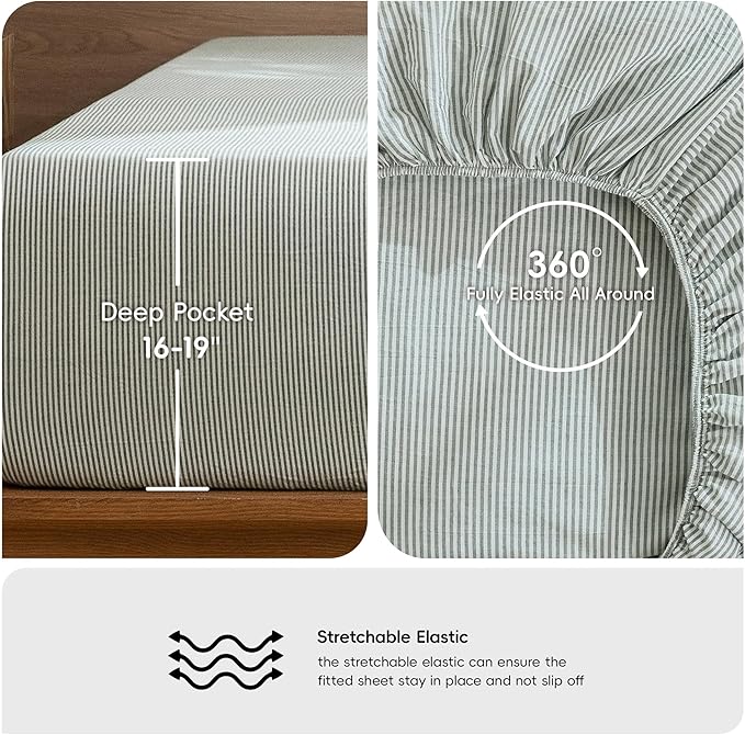 MooMee Striped Sheet Set 100% Washed Cotton Linen Like Textured Breathable Durable Soft Comfy (Heathered Green Pinstripes, Queen)