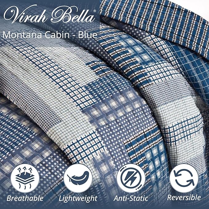 Virah Bella 3 Piece King Cabin Quilt Bedding Set - Montana Cabin: Blue/Gray - Rustic Country Reversible Patchwork Comforter Set with Decorative Pillow Shams, Blue/Gray