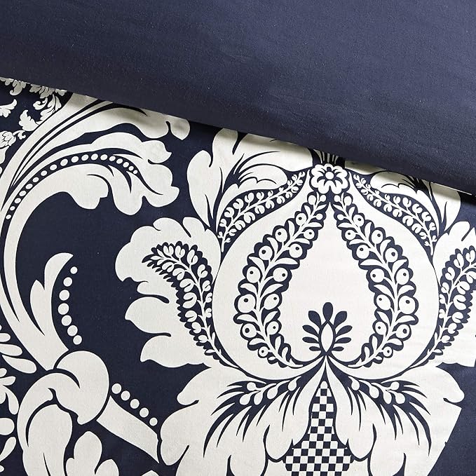 Madison Park Vienna Sateen Cotton Comforter Set, Breathable, Soft Cover, Trendy, All Season Down Alternative Cozy Bedding with Matching Shams, California King, Indigo 7 Piece