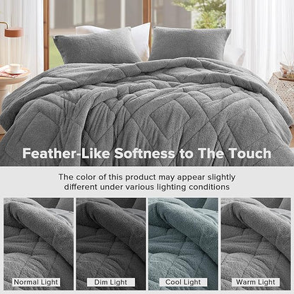 Comfort Spaces King Comforter Set Reversible Feather-Soft Plush Comforters for King Size Bed All Season Lightweight Shearling Fleece Sherpa Comforter King Size Bed Set, King/Cal King, Grey 3 Piece