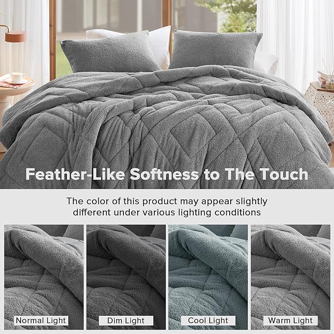 Comfort Spaces Twin Comforter Set Reversible Feather-Soft Plush Comforters for Twin Size Bed All Season Lightweight Shearling Fleece Sherpa Comforter Twin Size Bed Set, Twin/Twin XL, Grey 2 Piece