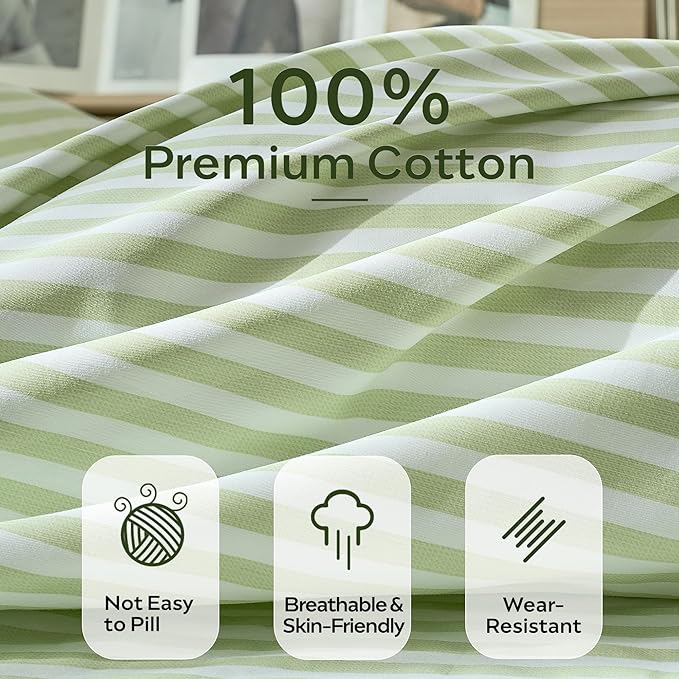 JELLYMONI Striped Duvet Cover Set - King Size Comforter Cover, Classic Sage Green & White Stripes, 100% Cotton 3 Pcs Bedding with Zipper Closure & 8 Corner Ties for Master or Guest Bedroom
