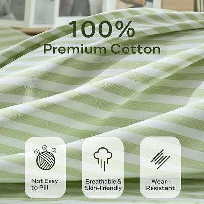 JELLYMONI Striped Duvet Cover Set - King Size Comforter Cover, Classic Sage Green & White Stripes, 100% Cotton 3 Pcs Bedding with Zipper Closure & 8 Corner Ties for Master or Guest Bedroom