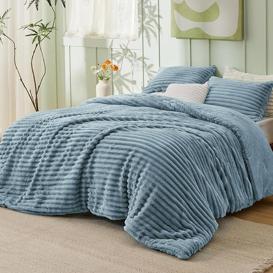 Bedsure Cal King Comforter Set - GentleSoft™ 3 Pieces Double-Side Fleece Fluffy Mineral Blue Comforter Set, Cozy Striped Room Decor Aesthetic, Luxury Cal King Bedding, 2 Pillowcases, 104x96 Inches