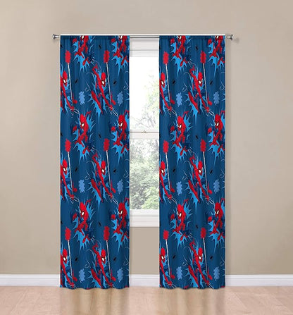 Jay Franco Kids Window Drapes - 4 Piece Curtain Set Includes 2 Tiebacks, Beautiful Bedding Room Décor and Easy Set Up, Blue - Spiderman, 84 Inch