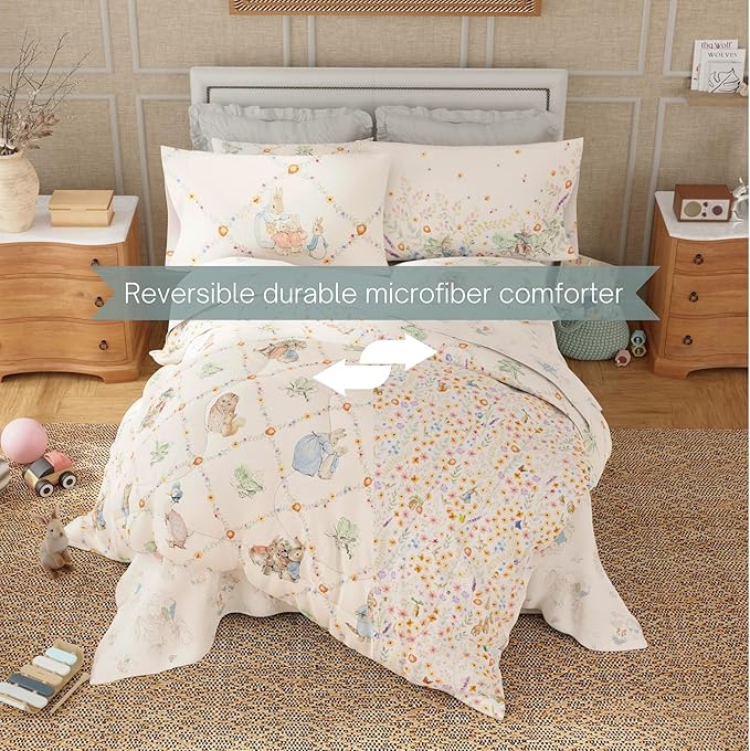 Peter Rabbit Book Bedding Set, Full Size 7-Piece Super Soft Fluffy Reversible Comforter & Sheet Set with Sham, Storybook Friends Easter & Spring, (100% Officially Licensed Product) by Franco Heritage