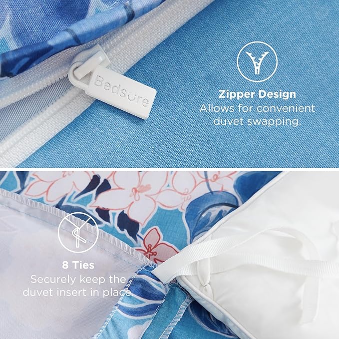 Bedsure Duvet Cover King Size - Reversible Blue Flowers Duvet Cover Set with Zipper Closure, 3 Pieces Bluejay Bedding Set with 8 Corner Ties and 2 Pillow Shams 20"x36"